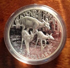 Deer family on a Canadian Siilver Twenty dollar coin